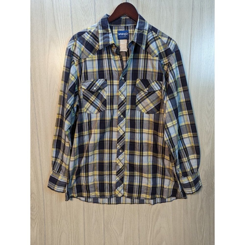 VTG Wrangler Shirt Mens XL Yellow Blue Plaid Western Pearl Snap Cowboy Rodeo